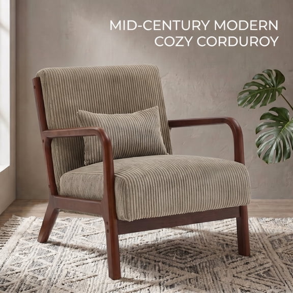 Mid-Century Modern Corduroy Accent Chair with Solid Wood Frame & Lumbar Pillow, Camel