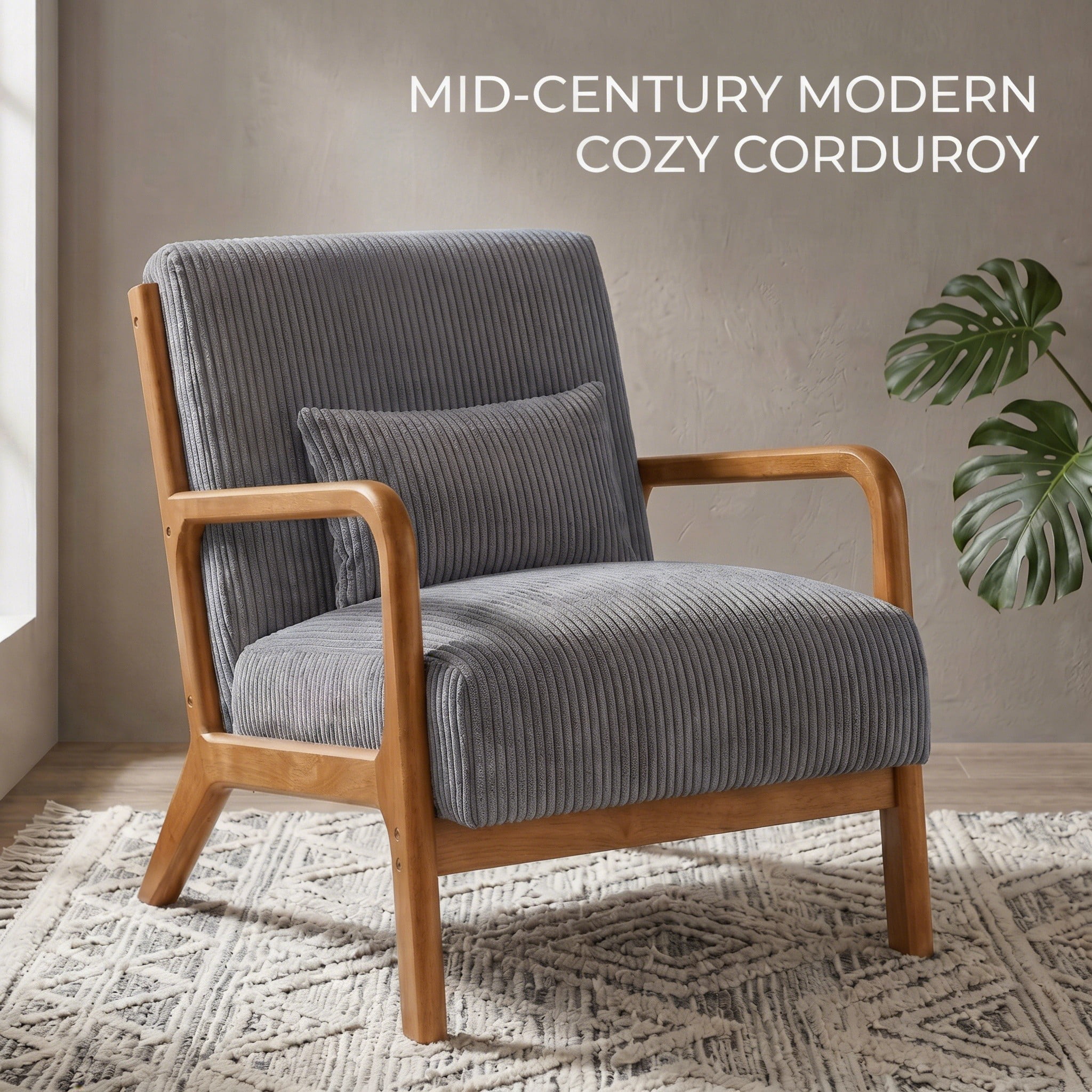 Mid-Century Modern Corduroy Accent Chair with Solid Wood Frame & Lumbar Pillow, Gray