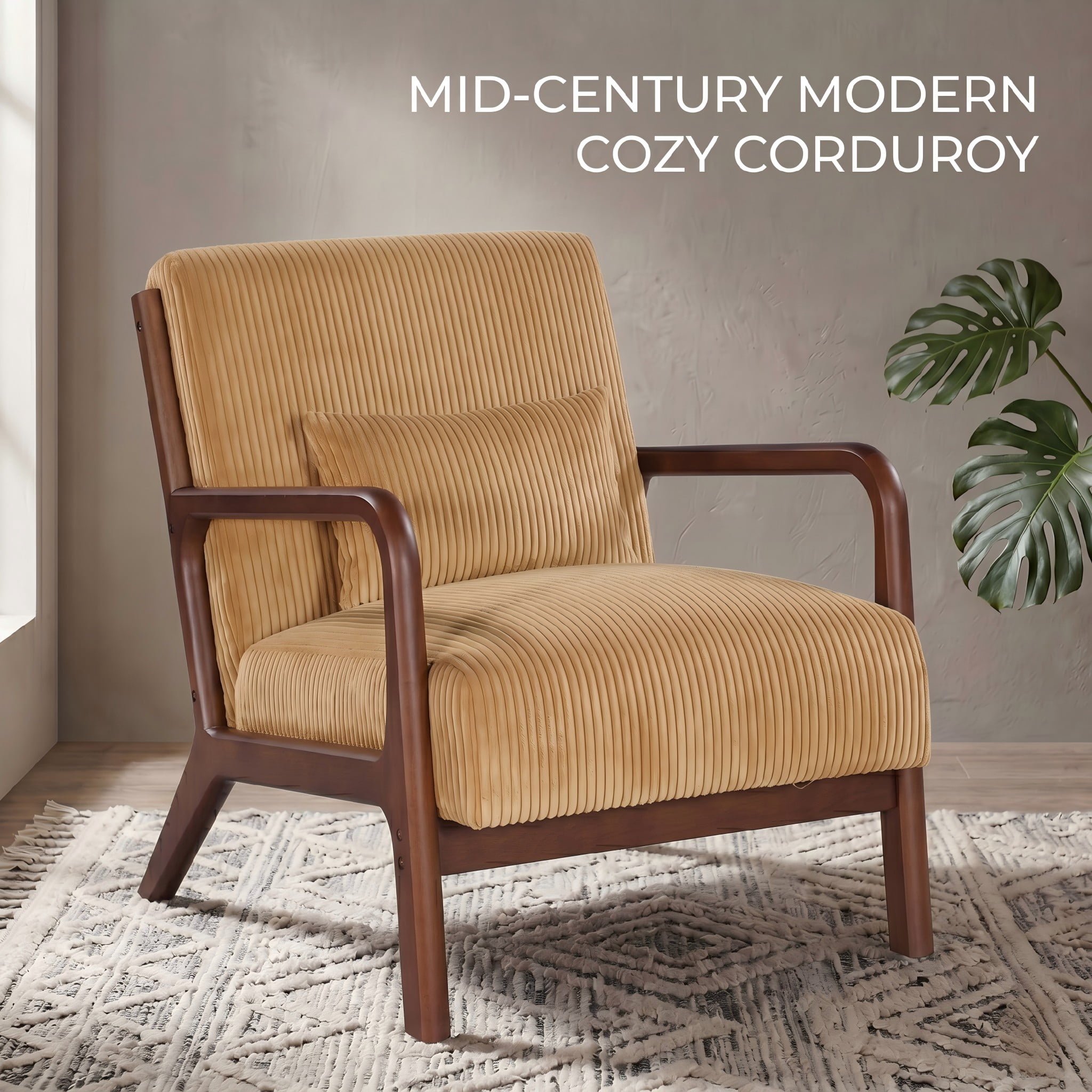 Mid-Century Modern Corduroy Accent Chair with Solid Wood Frame & Lumbar Pillow, Yellow