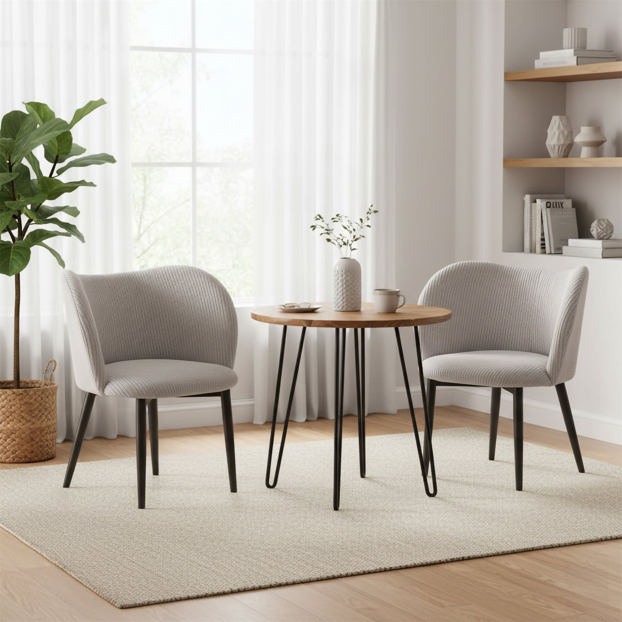 Mid-Century Modern Corduroy Style Fabric Curved Padded Back Dining Chair, Grey (Set of 2)