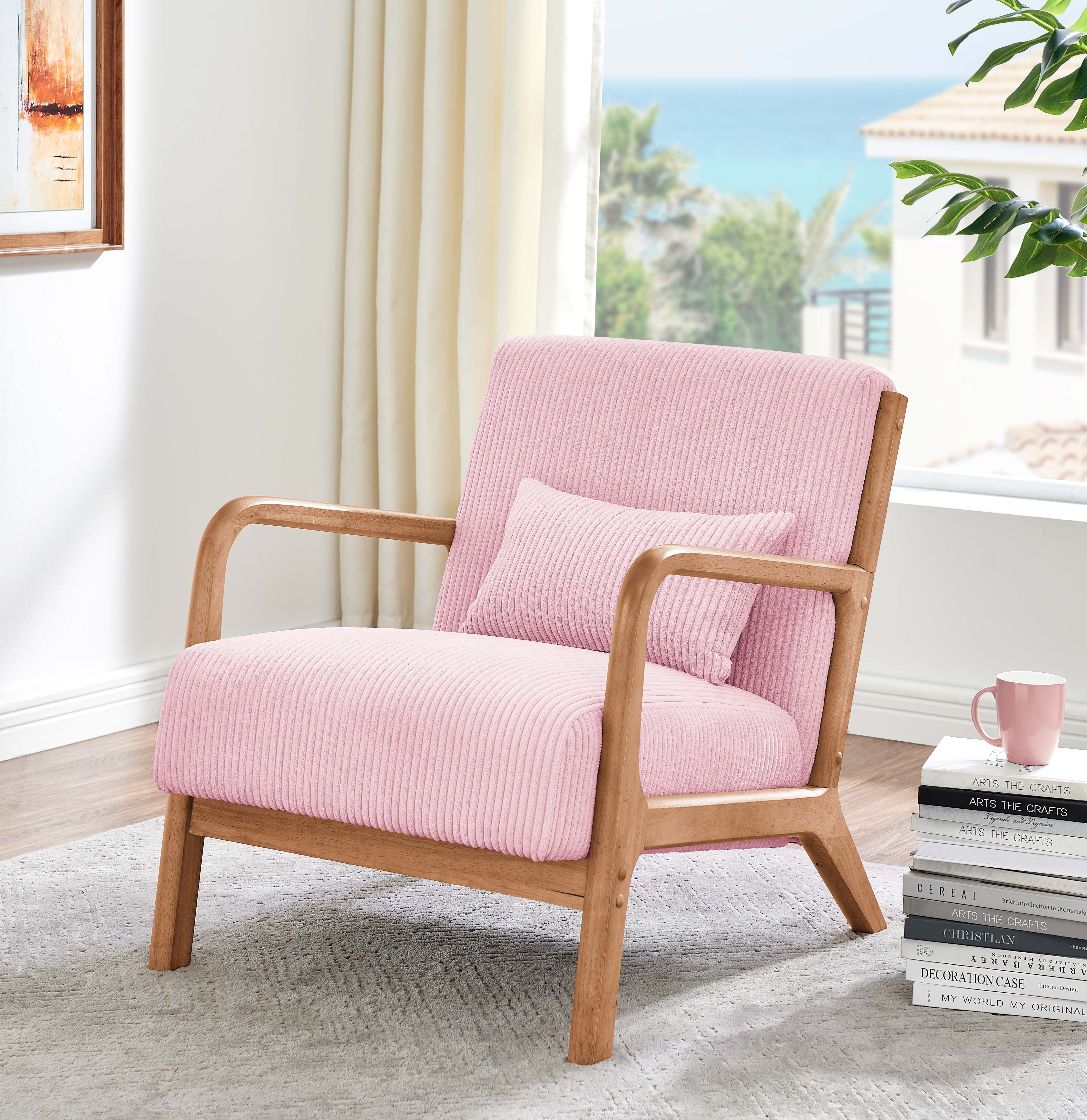 Mid Century Modern Corduroy Upholstered Wooden Armchair with Back Support Pillow, 26"×32.25"×30.5" Solid Wood Frame Accent Chair Easy Assembly for Living Room Bedroom