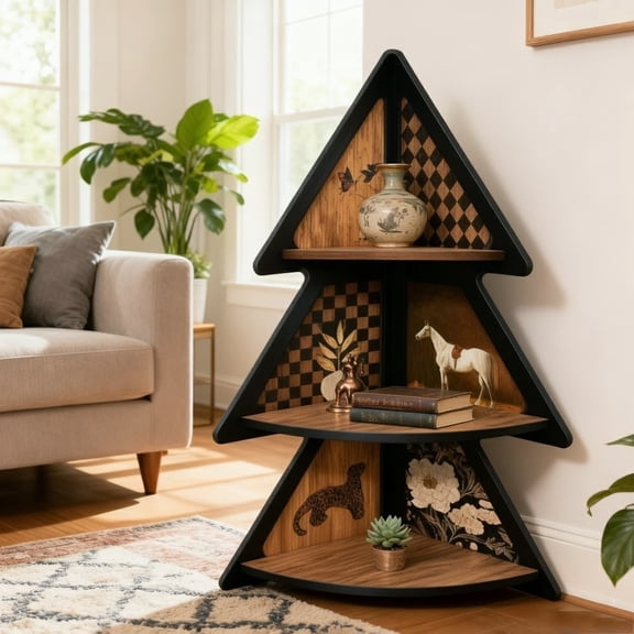 Mid Century Modern Corner Shelf 3 Tier Free Standing Display Rack Space Saving Wood Storage Organizer for Living Room Bedroom Small Spaces