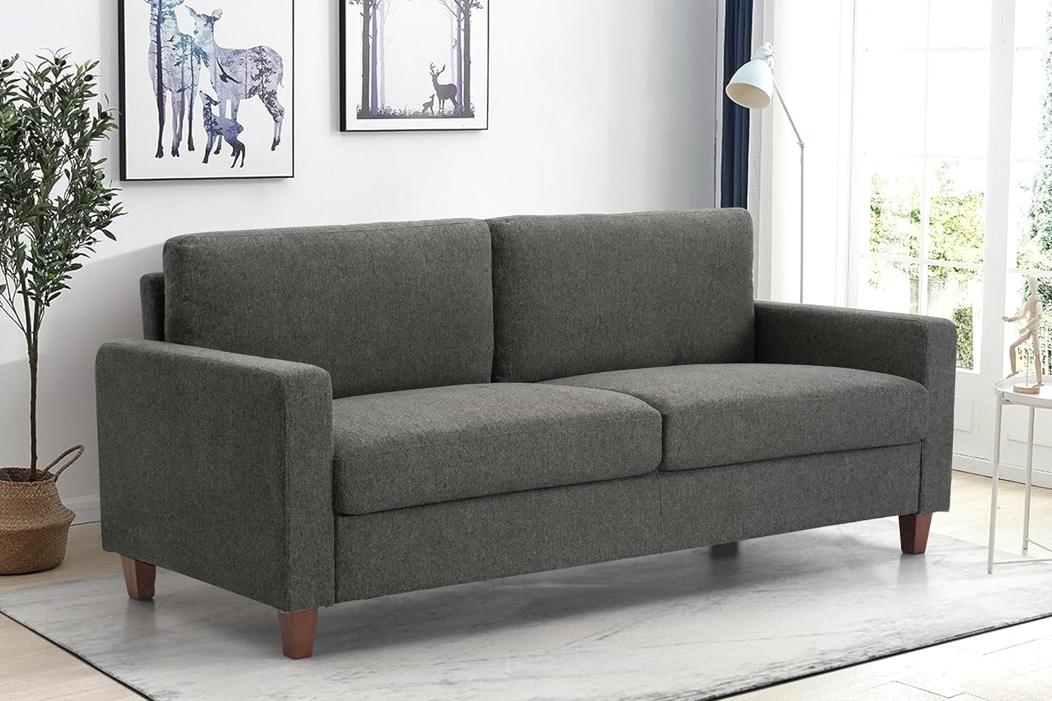 Mid Century Modern Couch for Small Spaces Living Rooms Apartments and Condos 3 Seater Sofa with Reversible Back Pillows Grey
