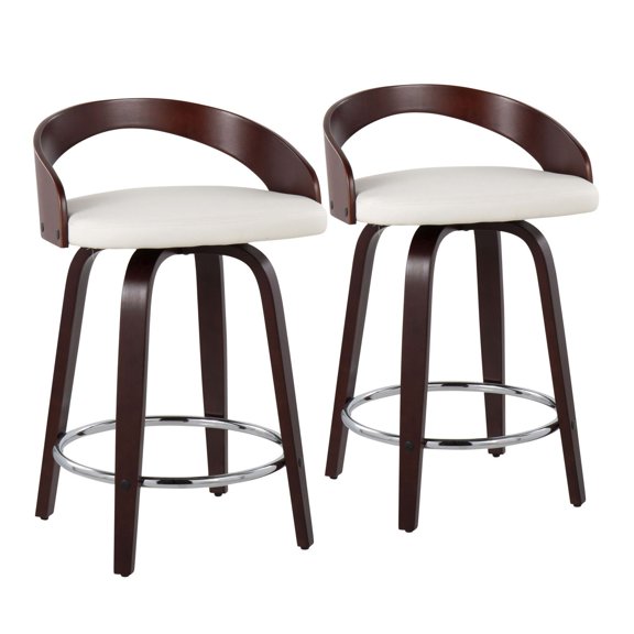 Mid-Century Modern Counter Stool Set of 2, 360° Swivel Bar Stools with Cushioned Faux Leather Seat, Chrome Footrest, Fixed Counter Height, Cherry Wood Frame with White Upholstery, Indoor Use