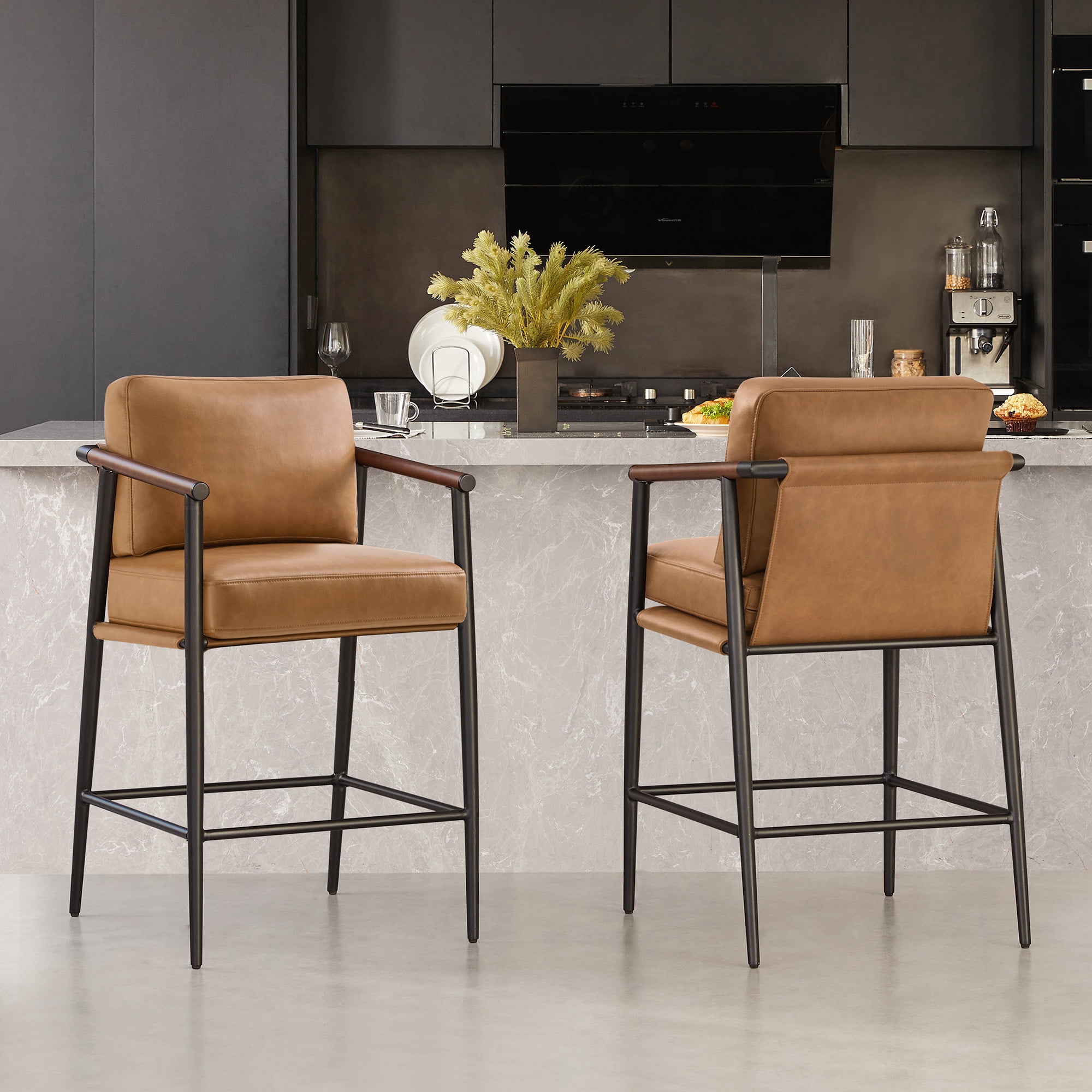 Spruce & Spring Mid-Century Modern Counter Stool Set with Wood Armrests and Cushioned Sling Seat Set of 2, Cognac Faux Leather