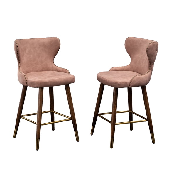 Mid-Century Modern Counter Stools Set of 2, Faux Leather Tufted Nailhead Trim, Pink Fabric Upholstered Bar Stools for Kitchen Island, 24.5-Inch Seat Height