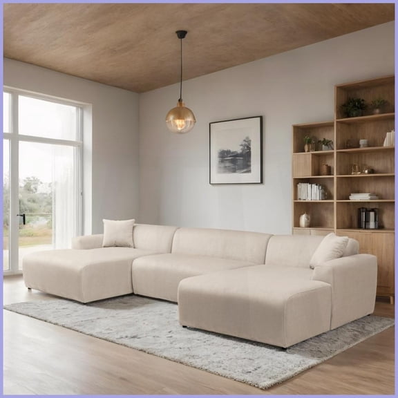 Mid-Century Modern Cream Corduroy U-Shape Corner Sofa - Spacious Living Room Comfort