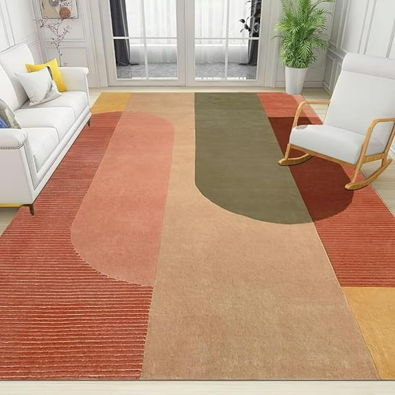 Mid Century Modern Creative Geometry Area Rug, Retro Orange-Green Gradient Art Indoor Non Slip Living Room Rug, Machine Washable Carpet For Bedroom Dining Room Office Floor Mat 4x6ft