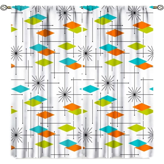 Mid Century Modern Curtains, Abstract Atomic Starburst Geometric Diamond Pattern Window Treatments for Bedroom,1950s 1960s Vintage Decorative Drapes 2 Panel Sets 84x84 Inch Blackout