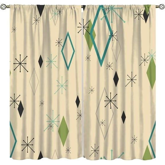 Mid Century Modern Curtains, Abstract Atomic Starburst Geometric Diamond Pattern Window Treatments for Bedroom Living Room Kitchen 42"W x 63"L (Pack of 2)