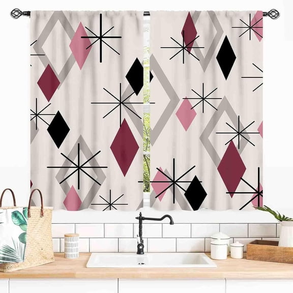 Mid Century Modern Curtains, Geometric Atomic Abstract Iconic Pattern 1950s 1960s Retro Style Art Pastel Pink Window Drapery Treatments for Bedroom Living Room Kitchen Bathroom 2 Panel, 55x39 Inch