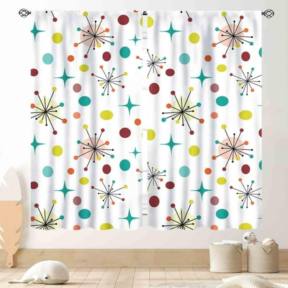 Mid Century Modern Curtains, Geometric Atomic Abstract Iconic Pattern 1950s 1960s Retro Style Art Pastel Window Drapery Treatments for Bedroom Living Room Kitchen Bathroom 2 Panel, 84"x63" Inch