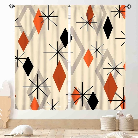 Mid Century Modern Curtains, Orange Geometric Atomic Abstract Pattern 1950s 1960s Retro Style Window Drapery Treatments for Bedroom Living Room Kitchen Bathroom 2 Panel, 42x54 Inch