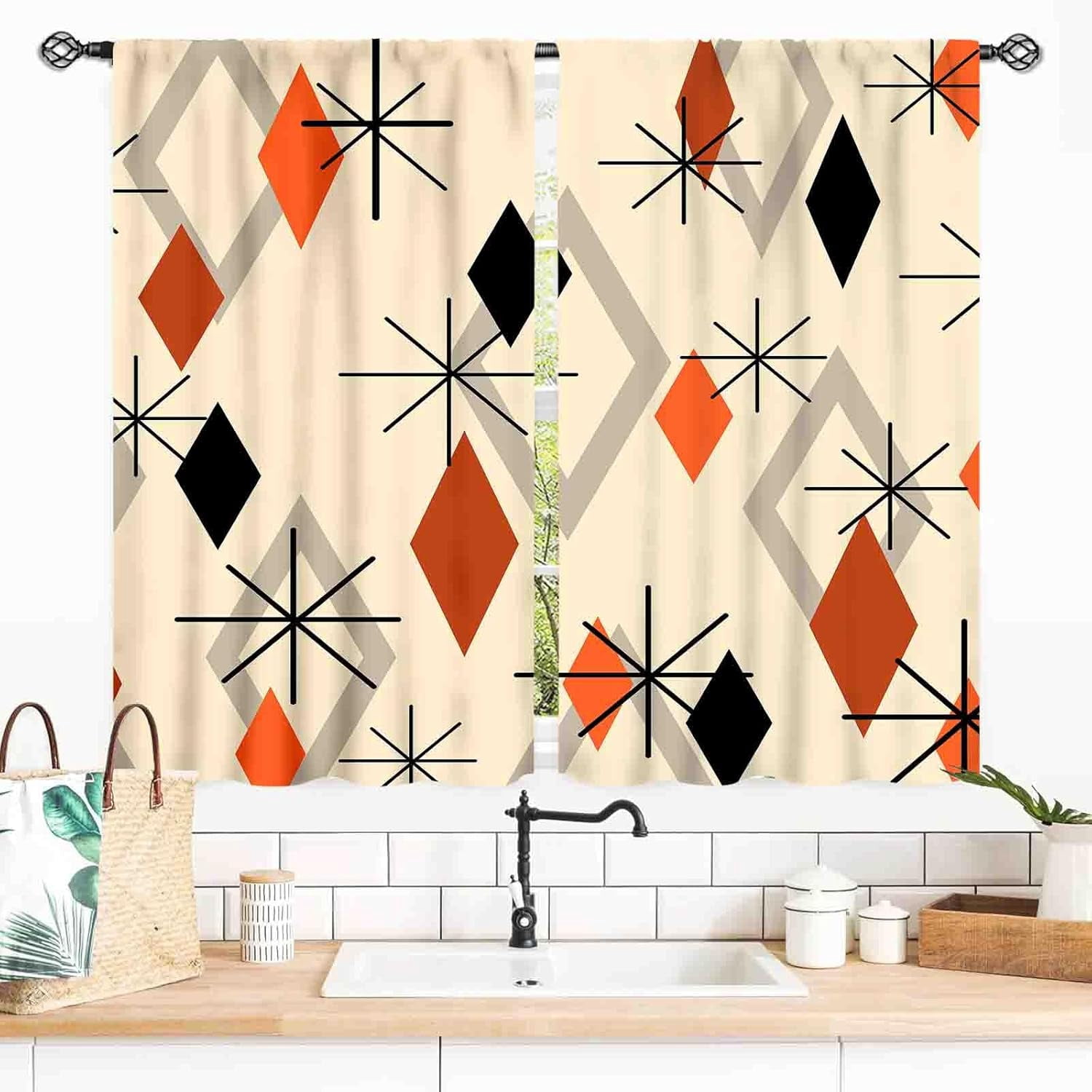 Mid Century Modern Curtains, Orange Geometric Atomic Abstract Pattern ...