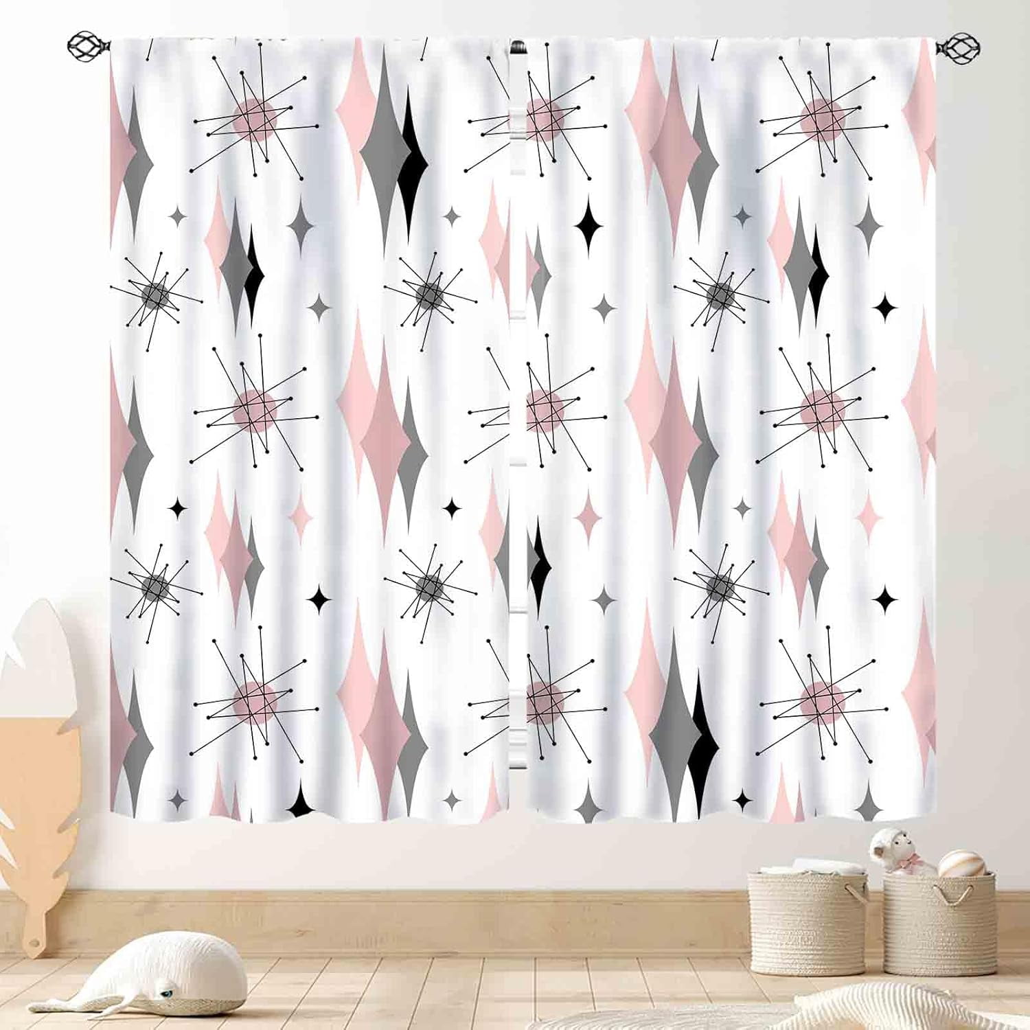 Mid Century Modern Curtains, Pink Gray Geometric Atomic Abstract ...