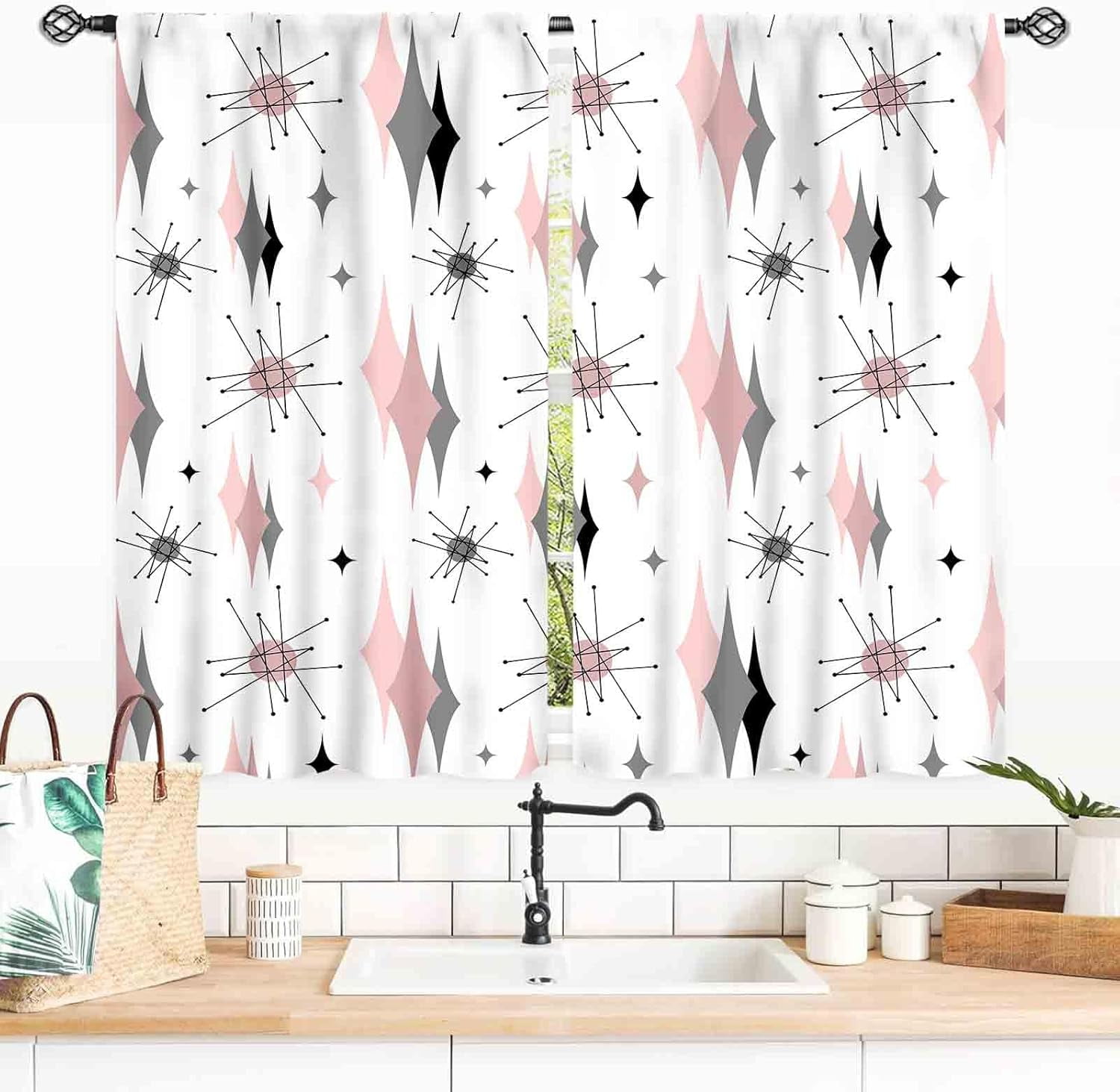 Mid Century Modern Curtains, Pink Gray Geometric Atomic Abstract ...