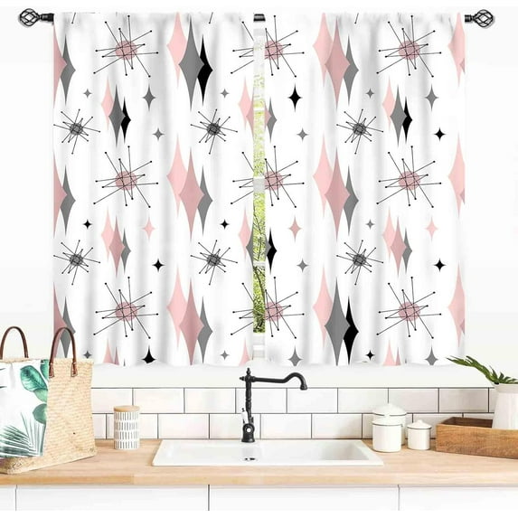 Mid Century Modern Curtains, Pink Gray Geometric Atomic Abstract Pattern Retro Style Window Drapery for Bedroom Living Room Kitchen Bathroom 53"W x 63"L (Pack of 2)