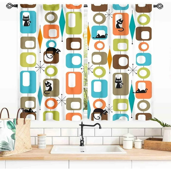Mid Century Modern Curtains, Retro Geometric Atomic Abstract Pattern Middle Century Bright Window Drapery for Bedroom Living Room Kitchen Bathroom 42"W x 63"L (Pack of 2)