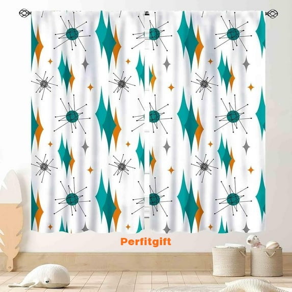 Mid Century Modern Curtains, Teal Orange Geometric Atomic Abstract Pattern 1950s 1960s Retro Style Window Drapery Treatments for Bedroom Living Room Kitchen Bathroom 2 Panel, 84"x63" Inch