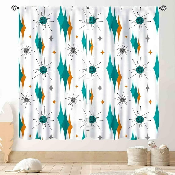 Mid Century Modern Curtains, Teal Orange Geometric Atomic Abstract Pattern 1950s 1960s Retro Style Window Drapery Treatments for Bedroom Living Room Kitchen Bathroom 2 Panel, 84"x84" Inch