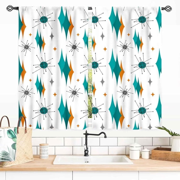 Mid Century Modern Curtains, Teal Orange Geometric Atomic Abstract Pattern 1950s 1960s Retro Style Window Drapery Treatments for Bedroom Living Room Kitchen Bathroom 2 Panel, 55x39 Inch