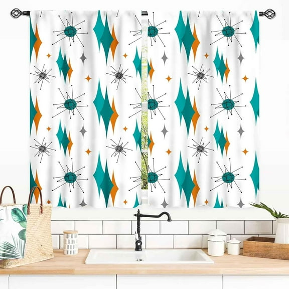 Mid Century Modern Curtains, Teal Orange Geometric Atomic Abstract Pattern Retro Style Window Drapery for Bedroom Living Room Kitchen Bathroom 53"W x 96"L (Pack of 2)