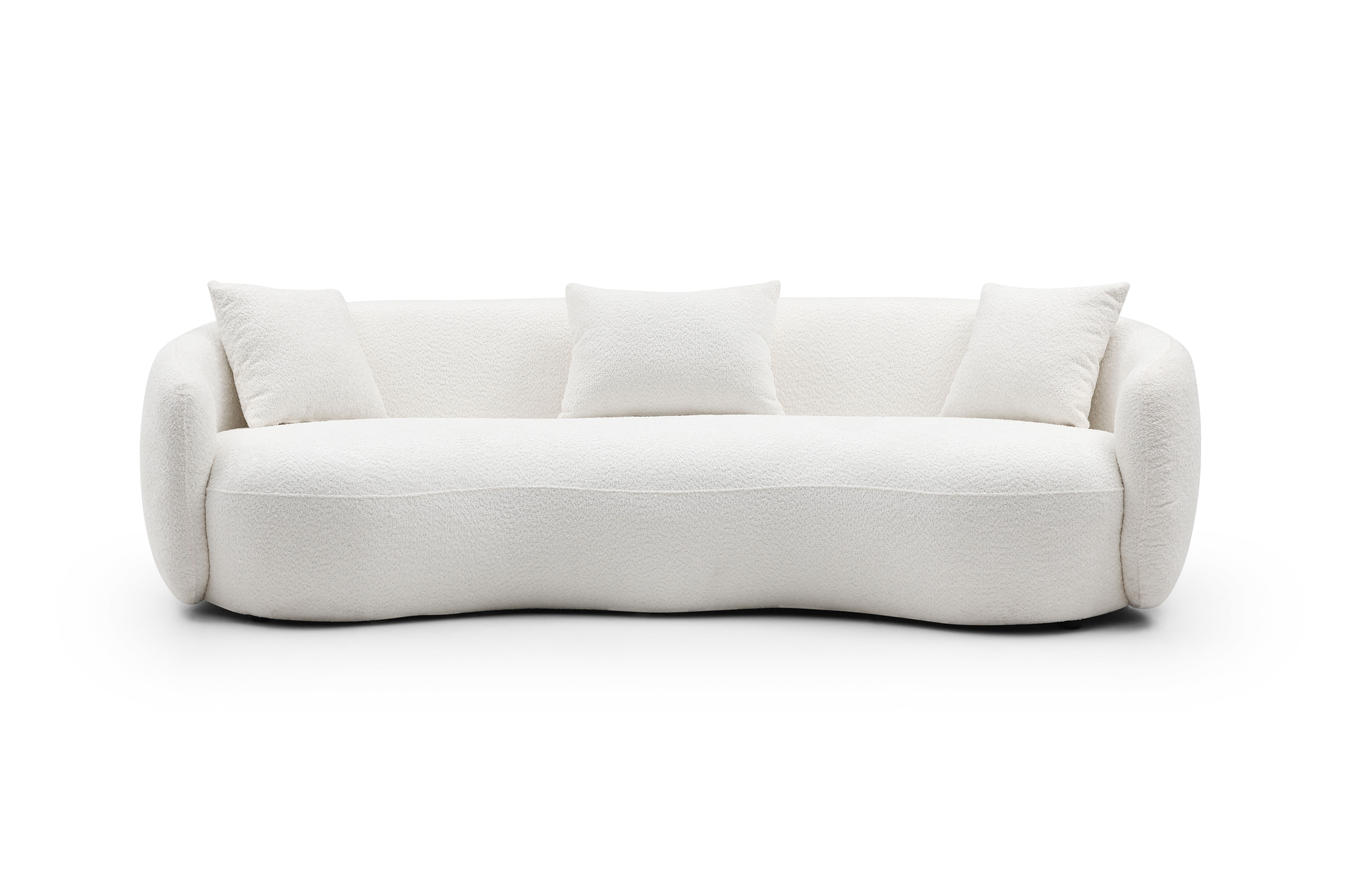 Mid Century Modern Curved Sofa, 3-Seat Boucle Couch for Living Room, Upholstered Couch with 3 Throw Pillows and Backrest, Accent Sofa Couch for Bedroom, Office, Apartment, Beige
