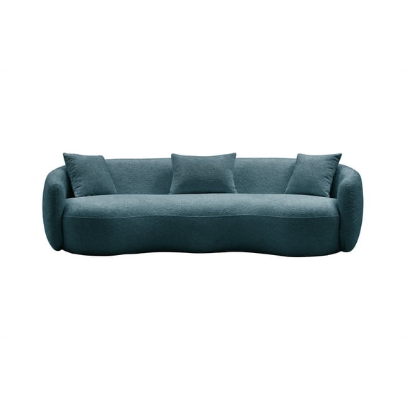 Mid Century Modern Curved Sofa, 3-Seat Boucle Couch for Living Room, Upholstered Couch with 3 Throw Pillows and Backrest, Accent Sofa Couch for Bedroom, Office, Apartment, Blue