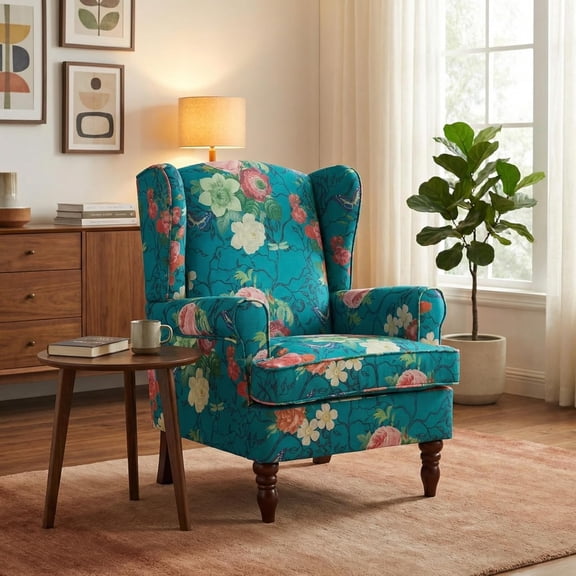 Mid-Century Modern Cyan Floral Wingback Accent Chair with Linen Fabric and Retro Wooden Legs, Comfy Reading Armchair