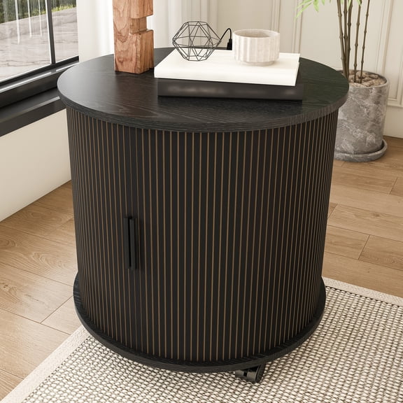 Mid Century Modern Cylinder End Table with Built-in Charging Station & Sliding Door, 2-Tier Round Nightstand with USB Ports, Black Bedside Table for Living Room, Bedroom, Entryway