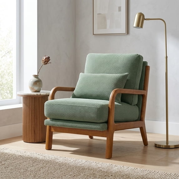 Mid-Century Modern Dark Green Nubby Upholstery Accent Chair with Solid Wood Arms