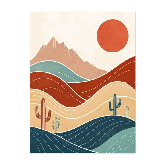 Mid-Century Modern Desert Landscape - Drawing Desert Abstract Cactus Minimalist Geometric Mountain Boho Unframed Wall Art Print 36 x 48 inches