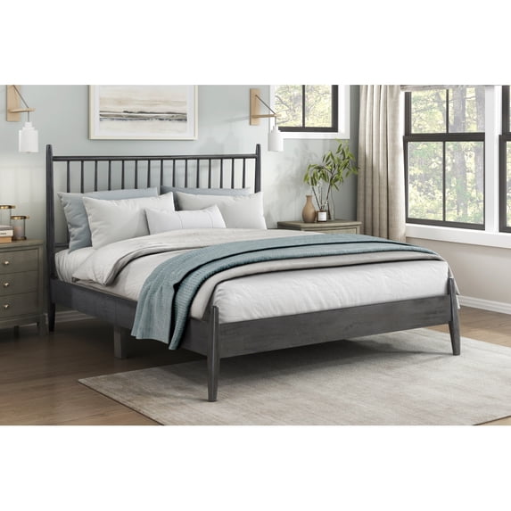 Mid-Century Modern Design Full Platform Bed 1pc Gray Finish Wooden Bedroom Furniture Vertical Slats Headboard, Bed in a Box