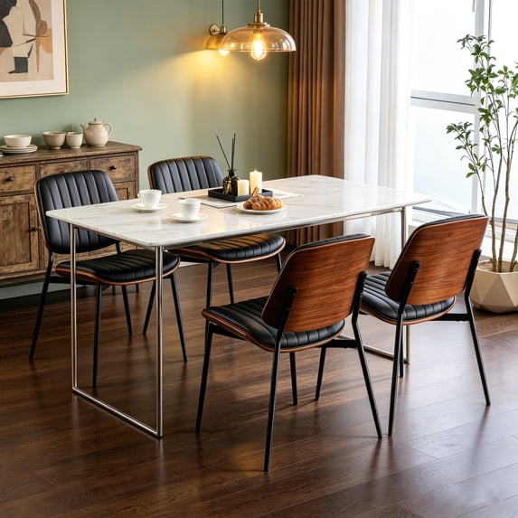 Mid-Century Modern Dining Chair Set of 4, PU Leather Upholstered Chair with Walnut Bentwood Back & Metal Legs, Retro Kitchen Chair for Dining Room (Black PU)
