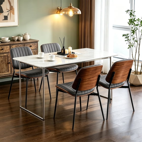 Mid-Century Modern Dining Chair Set of 4, PU Leather Upholstered Chair with Walnut Bentwood Back & Metal Legs, Retro Kitchen Chair for Dining Room (Gray PU)