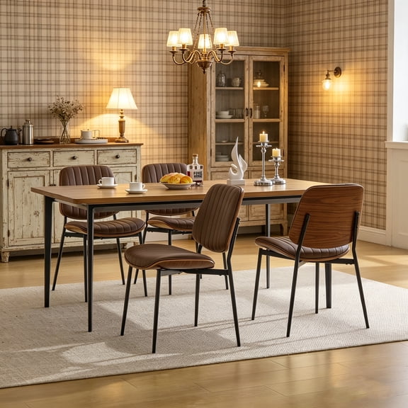 Mid-Century Modern Dining Chair Set of 4, PU Leather Upholstered Chair with Walnut Bentwood Back & Metal Legs, Retro Kitchen Chair for Dining Room