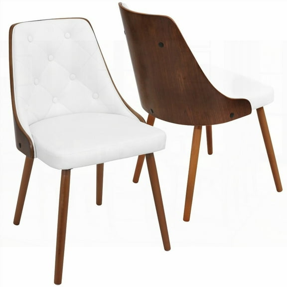 Mid-Century Modern Dining Chairs - 1-Piece Walnut with White Faux Leather