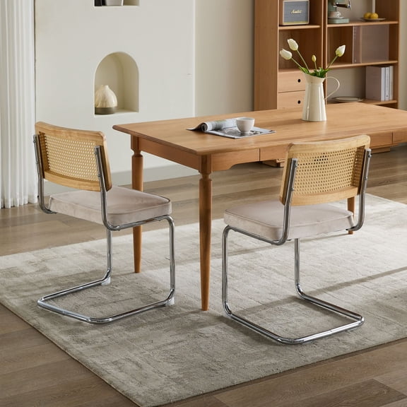 Mid Century Modern Dining Chairs Set of 2, Beige Velvet Accent Chairs with Natural Cane Back & Stainless Chrome Base, Breuer Designed Upholstered Rattan Kitchen Chairs,Beige