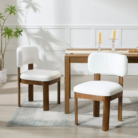 Mid Century Modern Dining Chairs Set of 2, Brown Upholstered Farmhouse Kitchen Chairs with Wood Legs and Padded Back, Armless Accent Chairs for Dining Room, Living Room, Beige