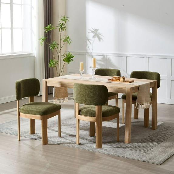 Mid Century Modern Dining Chairs Set of 4, Brown Upholstered Farmhouse Kitchen Chairs with Wood Legs and Padded Back, Armless Accent Chairs for Dining Room, Living Room, Green