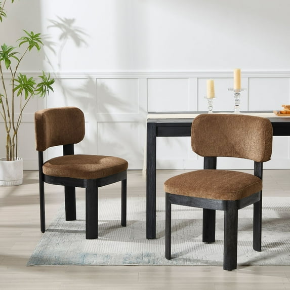 Mid Century Modern Dining Chairs Set of 2, Brown Upholstered Farmhouse Kitchen Chairs with Wood Legs and Padded Back, Armless Accent Chairs for Dining Room, Living Room, Brown