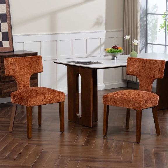 Mid-Century Modern Dining Chairs (Set of 2) - Orange Chenille Upholstered Accent Chairs with Solid Wood Frame - Comfortable Kitchen or Living Room Seating