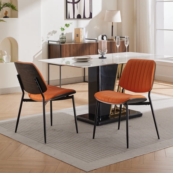 Mid-Century Modern Dining Chairs - Set of 2, Orange PU Leather & Walnut Frame. Ergonomic design for kitchen, dining room, or office seating. Stable metal legs & waterproof upholstery.