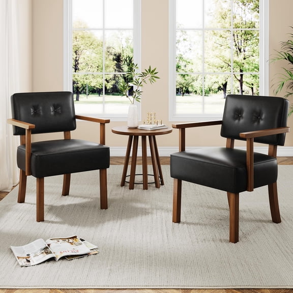 Mid-Century Modern Dining Chairs Set of 2 – Sturdy Wood Frame – Black PU Leather Upholstered Armchairs with Button Tufted Back – Comfortable Accent Chairs for Living Room, Bedroom, Balcony – 2-Pack