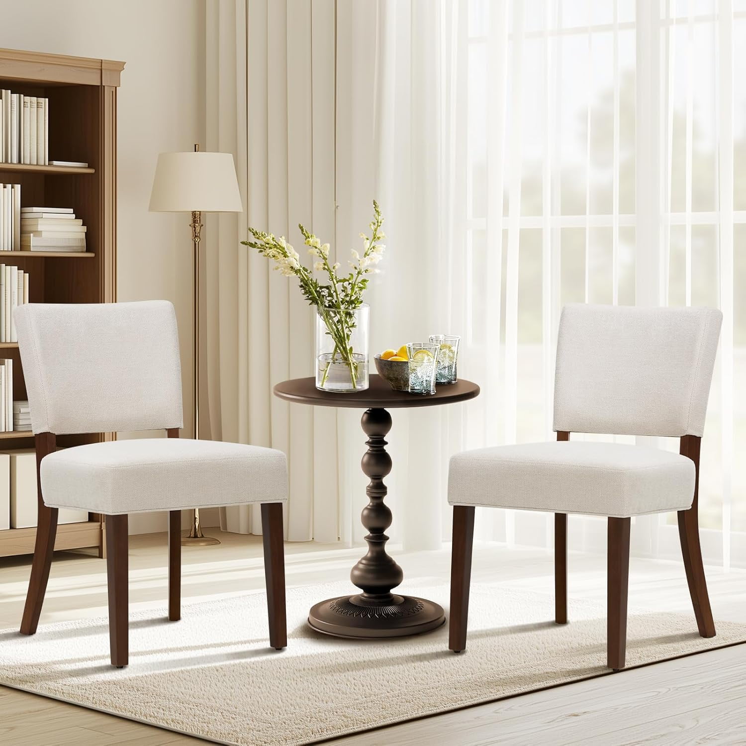 Art Leon Mid Century Modern Dining Chairs, Set Of 2 - White Boucle Fabric, Open Backrest, Wood Legs