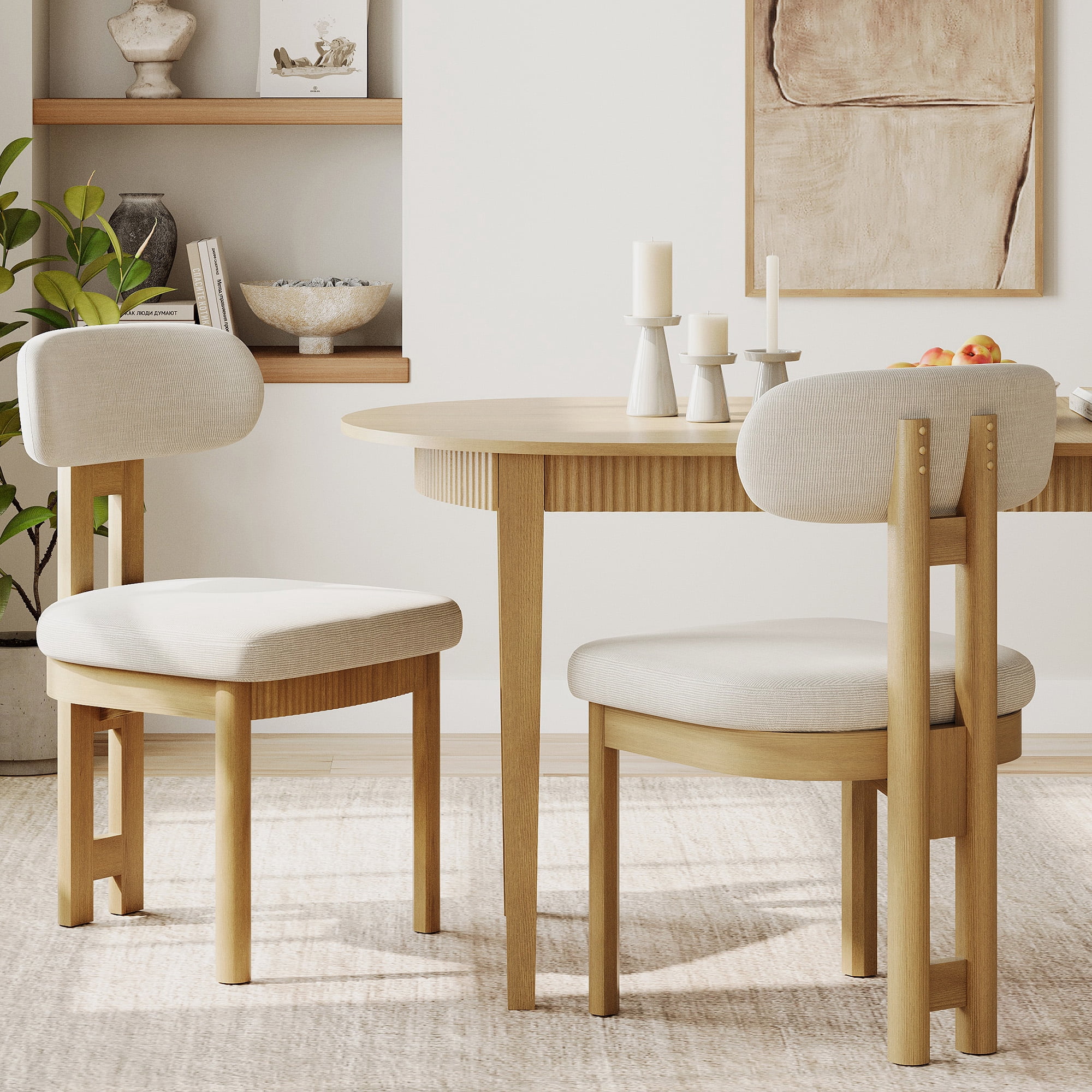 Mid-Century Modern Dining Chairs Set of 2,Polyester Linen Fabric Kitchen Chairs with Solid Wood Legs and Fluted Apron, Armless Side Chairs with Curved Backrest For Dining Room, Living Room