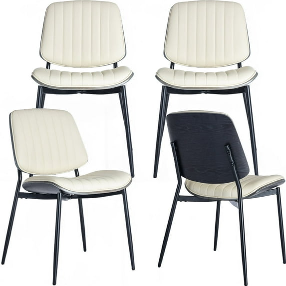 Mid Century Modern Dining Chairs Set of 4, Beige Kitchen & Dining Room Chairs Set of 4, Upholstered PU Leather Kitchen Chairs for Dining Table, Sillas de Comedor, Metal Leg, Walnut Back(Beige, 4 Pcs)