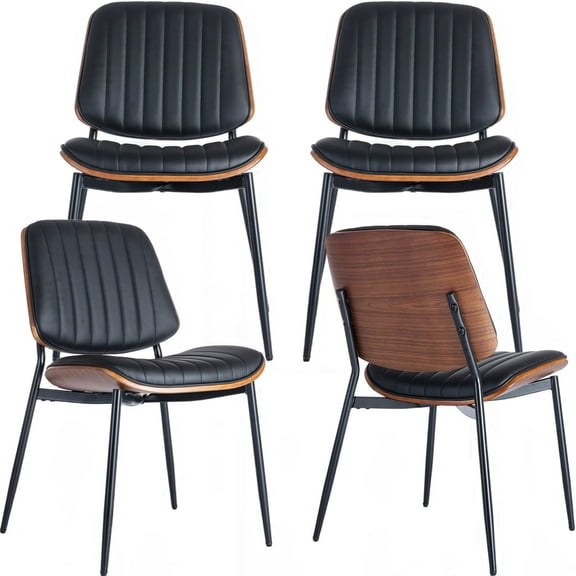 Mid Century Modern Dining Chairs Set of 4, Black Kitchen & Dining Room Chairs Set of 4, Upholstered PU Leather Kitchen Chairs for Dining Table, Sillas de Comedor, Metal Leg, Walnut Back(Black, 4 Pcs)