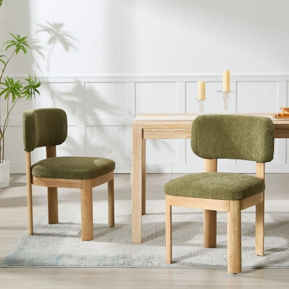 Mid Century Modern Dining Chairs Set of 2, Brown Upholstered Farmhouse Kitchen Chairs with Wood Legs and Padded Back, Armless Accent Chairs for Dining Room, Living Room, Green
