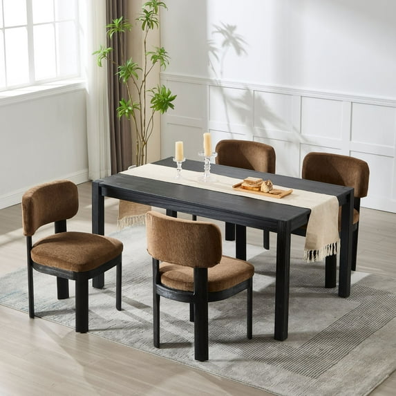 Mid Century Modern Dining Chairs Set of 4, Brown Upholstered Farmhouse Kitchen Chairs with Wood Legs and Padded Back, Armless Accent Chairs for Dining Room, Living Room, Brown